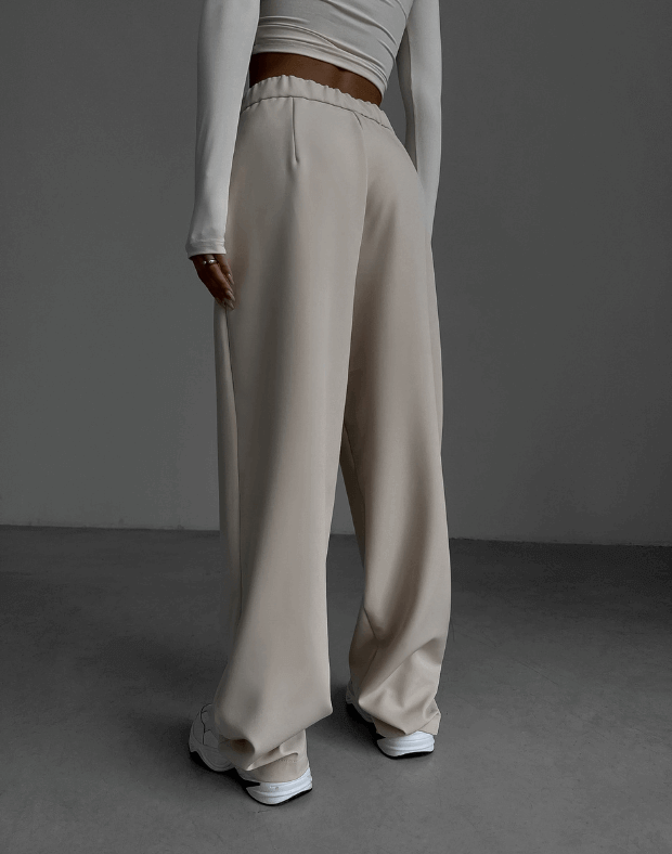 Текстильні брюки прямого крою, екрю - Фото 2