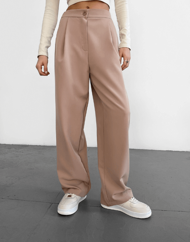 Текстильні брюки прямого крою, бежево-пудрові - Фото 1