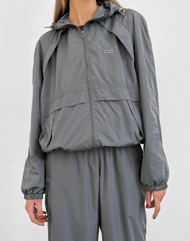 Куртка оверсайз з капюшоном з плащової тканини на блискавці, сіра - Фото 1