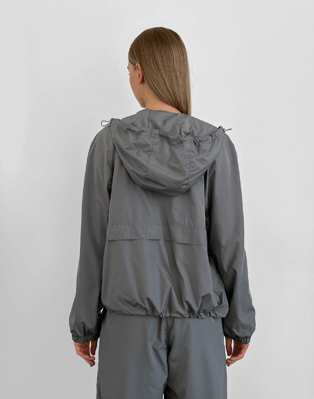 Куртка оверсайз з капюшоном з плащової тканини на блискавці, сіра - Фото 2