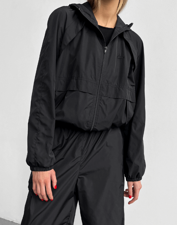 Куртка оверсайз з капюшоном з плащової тканини на блискавці, чорна - Фото 1