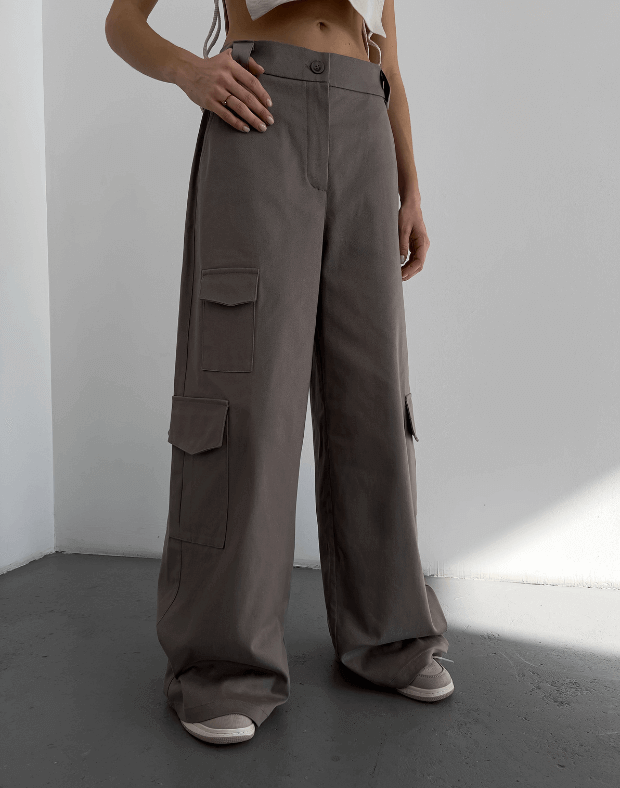 Прямі штани карго, коричневі - Фото 1