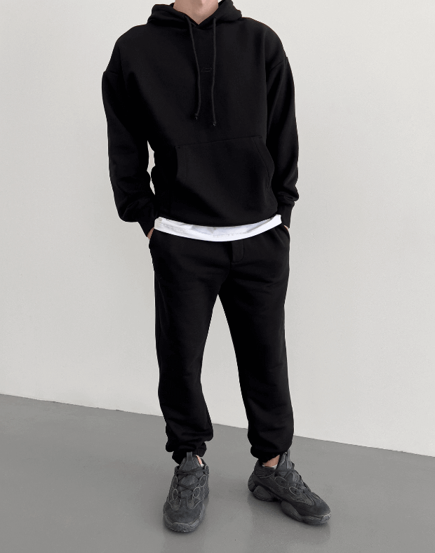 Комплект чоловічий весняний худі з кишенею та джогери зі шнурком, чорні - Фото 1