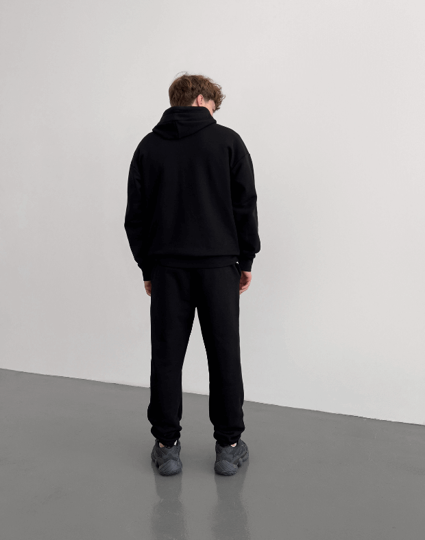 Комплект чоловічий весняний худі з кишенею та джогери зі шнурком, чорні - Фото 2