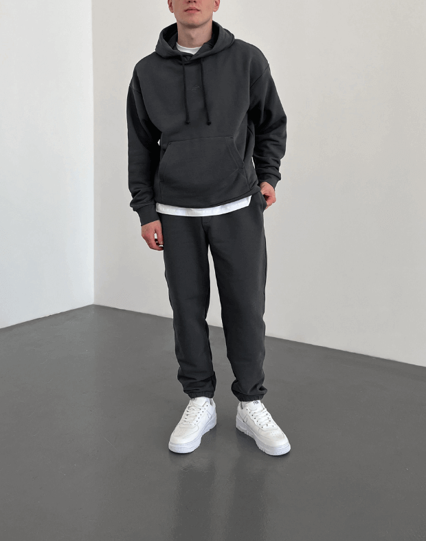 Комплект чоловічий весняний худі з кишенею та джогери зі шнурком, темний графіт - Фото 1