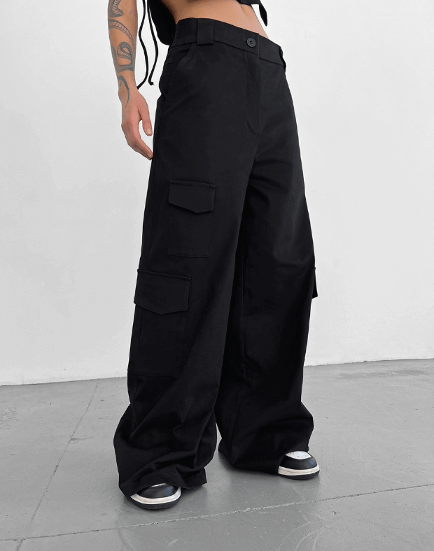 Прямі штани карго, чорні - Фото 1