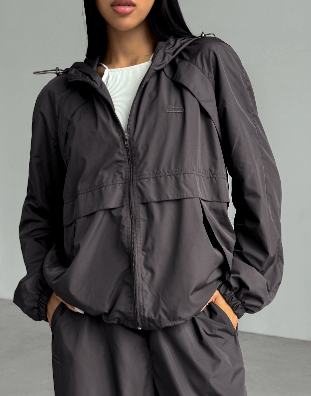 Куртка оверсайз з капюшоном з плащової тканини на блискавці, теплий графіт - Фото 6