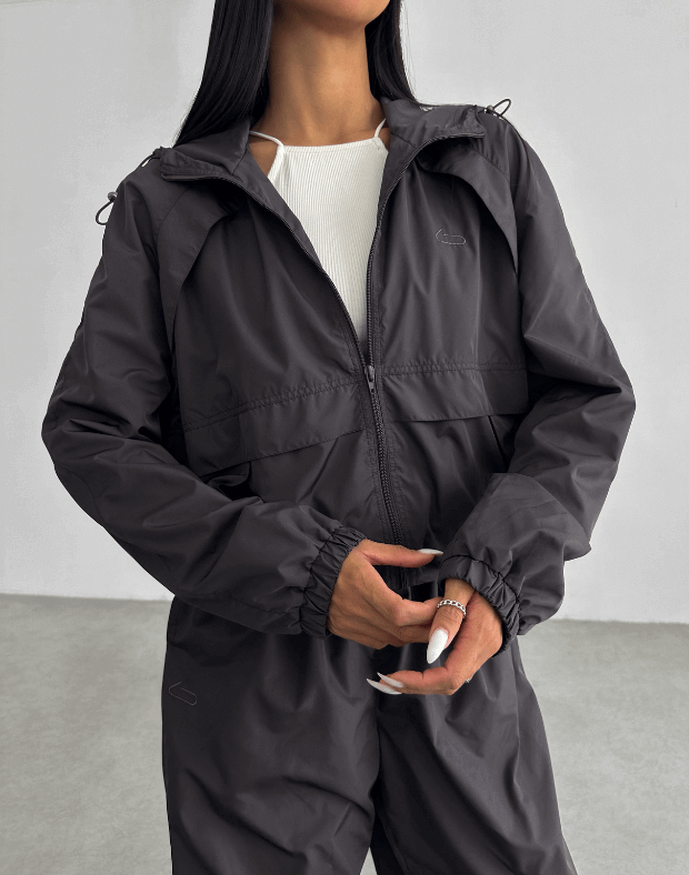 Куртка оверсайз з капюшоном з плащової тканини на блискавці, теплий графіт - Фото 4