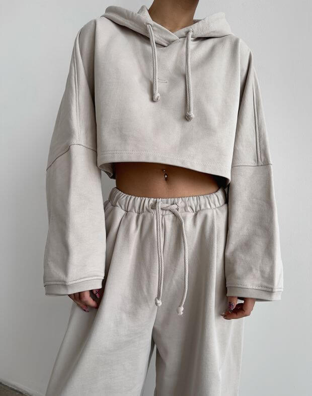 Худі літний вкорочений оверсайз, нейтральний беж - Фото 1