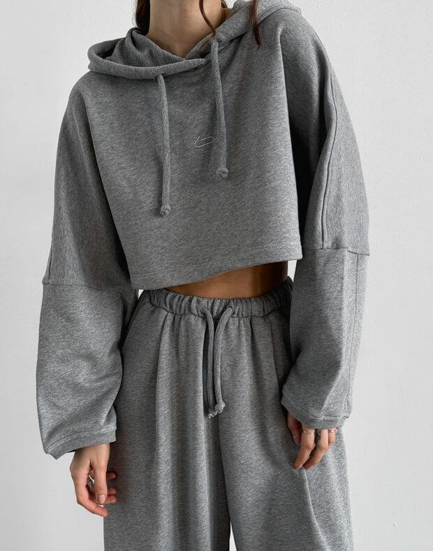 Худі літний вкорочений оверсайз, сірий меланж - Фото 1