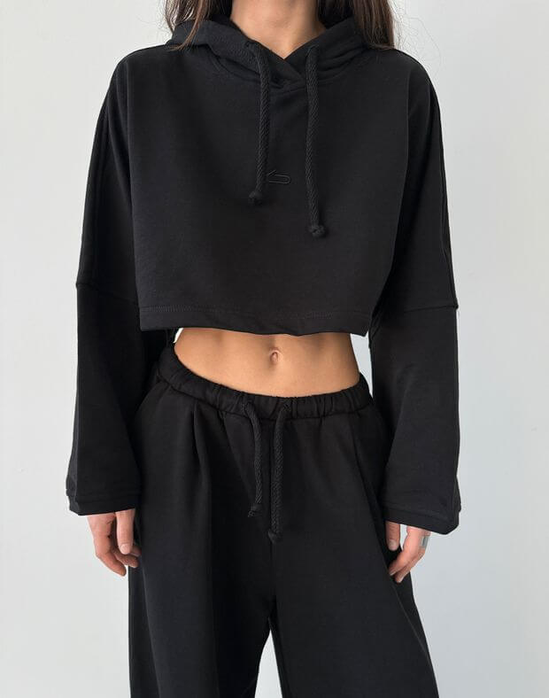 Худі літний вкорочений оверсайз, чорний - Фото 1