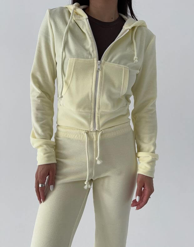 Вкорочений велюровий жіночий худі на блискавці, лимонний тарт - Фото 1