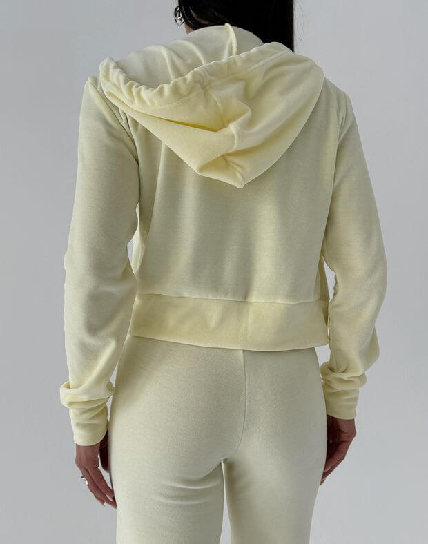 Вкорочений велюровий жіночий худі на блискавці, лимонний тарт - Фото 2