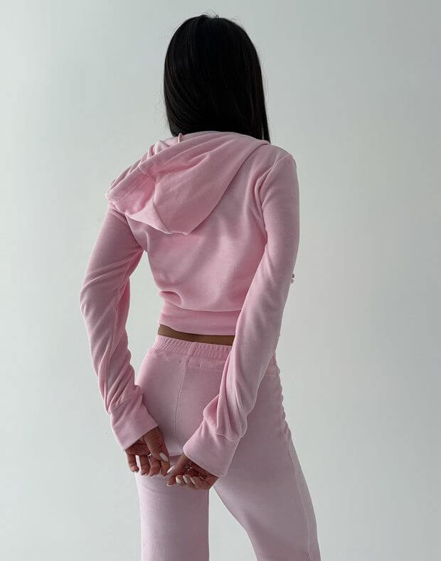 Вкорочений велюровий жіночий худі на блискавці, рожевий - Фото 2