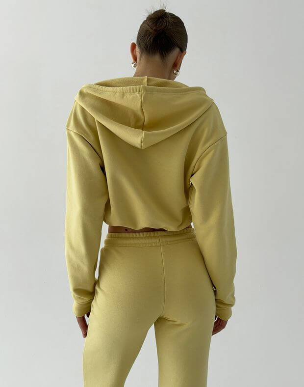 Вкорочений зіпер бавовняний приталений з капюшоном, банановий - Фото 2