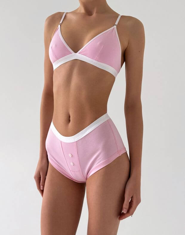 Комплект бавовняний ліф білизняний класичний та шортики з ґудзиками, рожеві на білій гумці - Фото 1