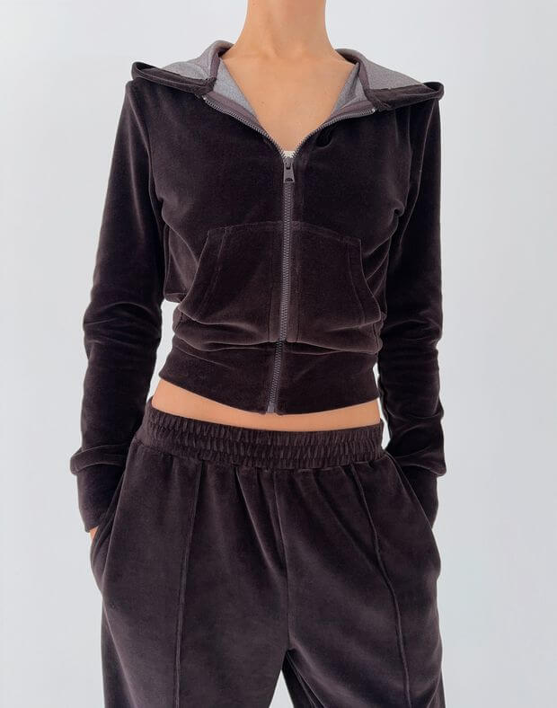 Вкорочений зіпер велюровий, шоколадний - Фото 1