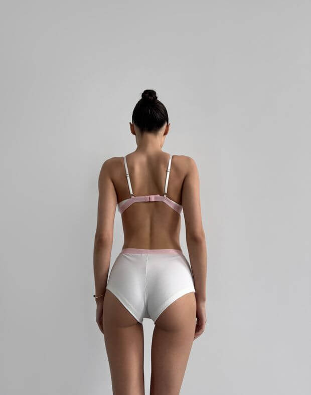 Комплект бавовняний ліф білизняний класичний та шортики з ґудзиками, шампань на рожевій гумці - Фото 2