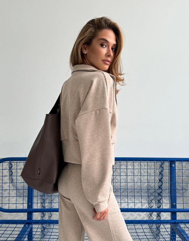 Зіпер жіночий трикотажний м'якої текстури, бежевий - Фото 2