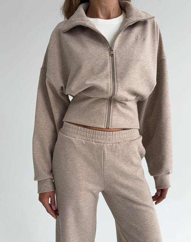 Зіпер жіночий трикотажний м'якої текстури, бежевий - Фото 1