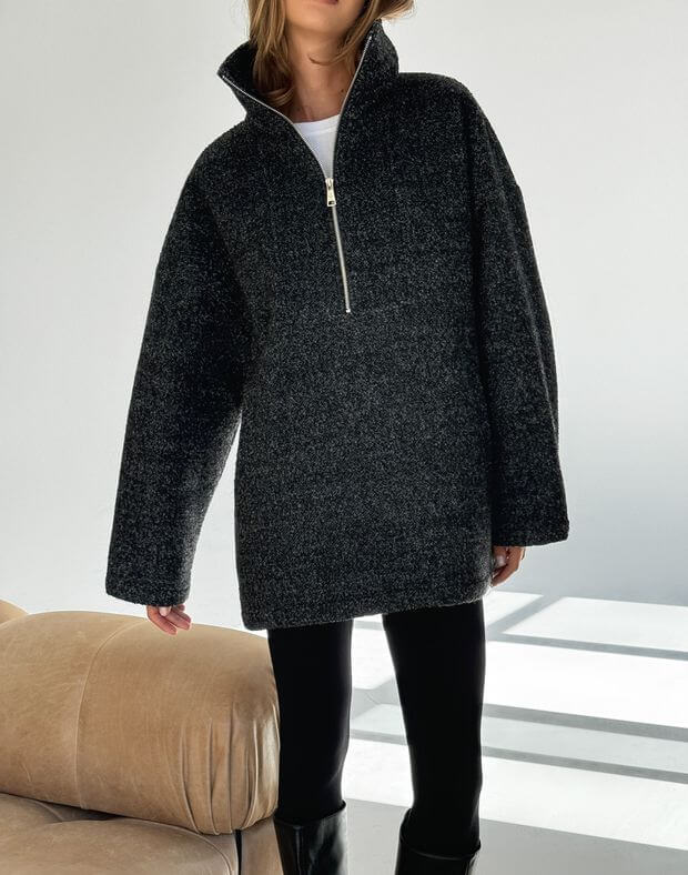 Подовжений світшот з вовни з пальтової тканини осінньо-зимовий, чорний - Фото 1