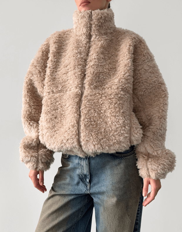 Зіпер тедді з декоративними швами зі 100% вовни, бежевий - Фото 1