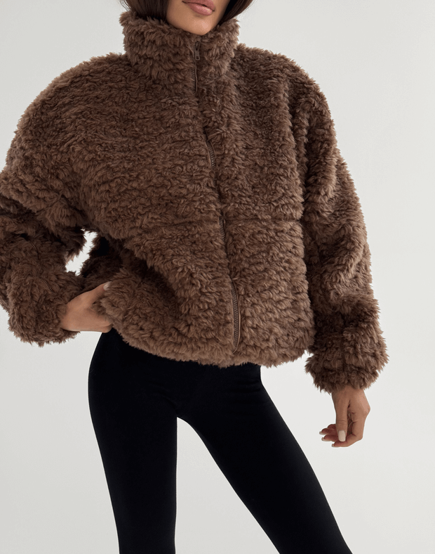 Зіпер тедді з декоративними швами зі 100% вовни, шоколадний - Фото 1