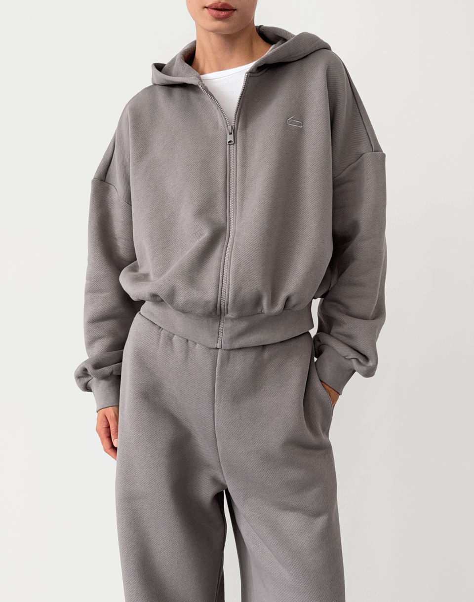 Кофта з капюшоном на блискавці з начосом зимова, темно-сіра - Фото 1