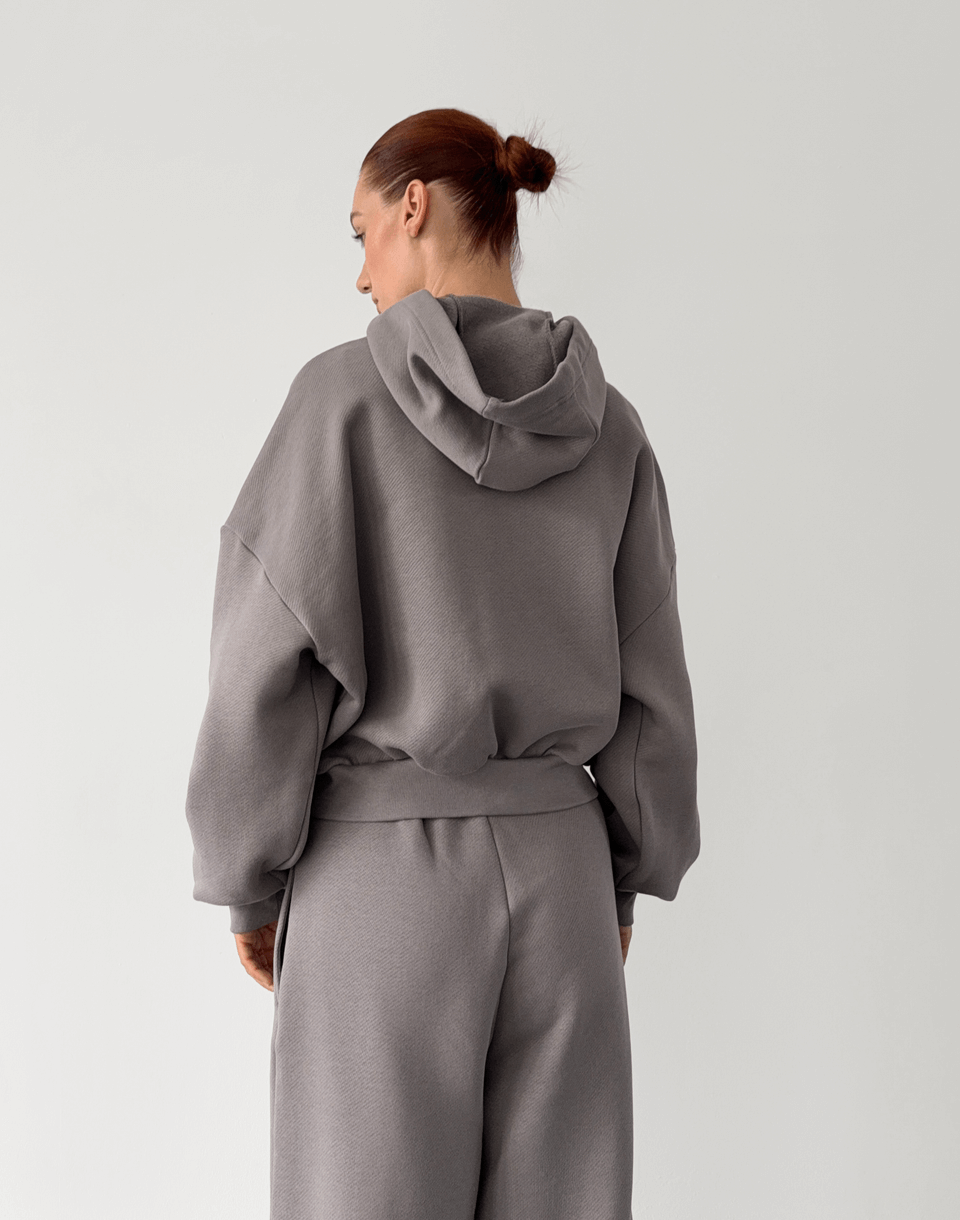 Кофта з капюшоном на блискавці з начосом зимова, темно-сіра - Фото 2