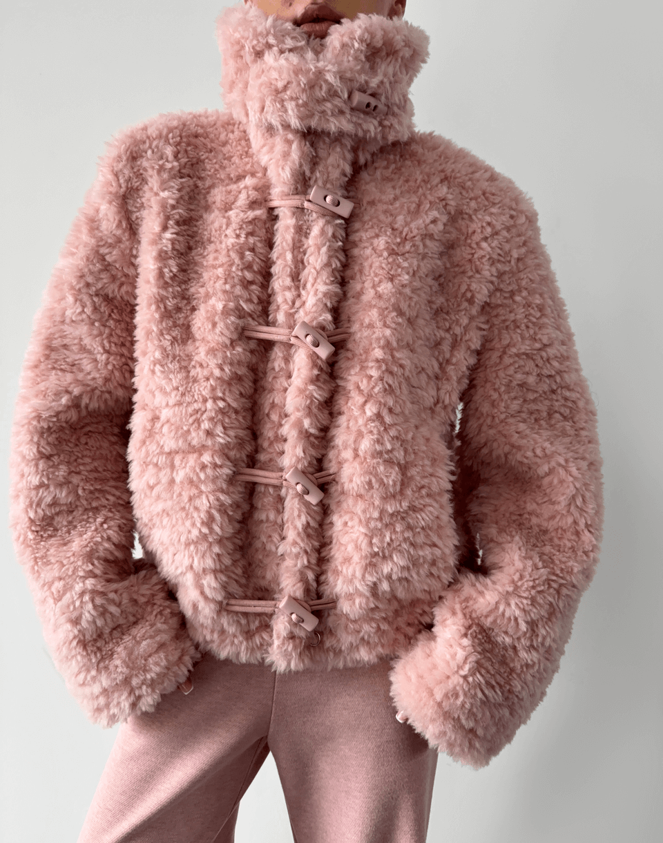 Курточка тедді з натуральної 100% вовни з воротом-стійкою, рожева - Фото 1