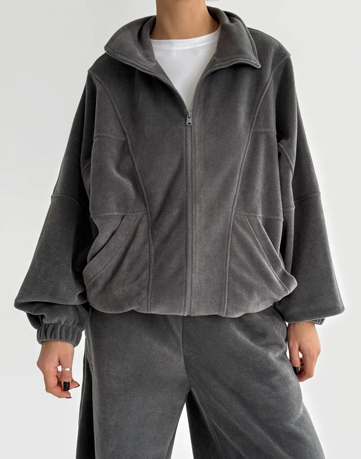 Зіпер оверсайз флісовий з декоративними швами, сірий - Фото 1