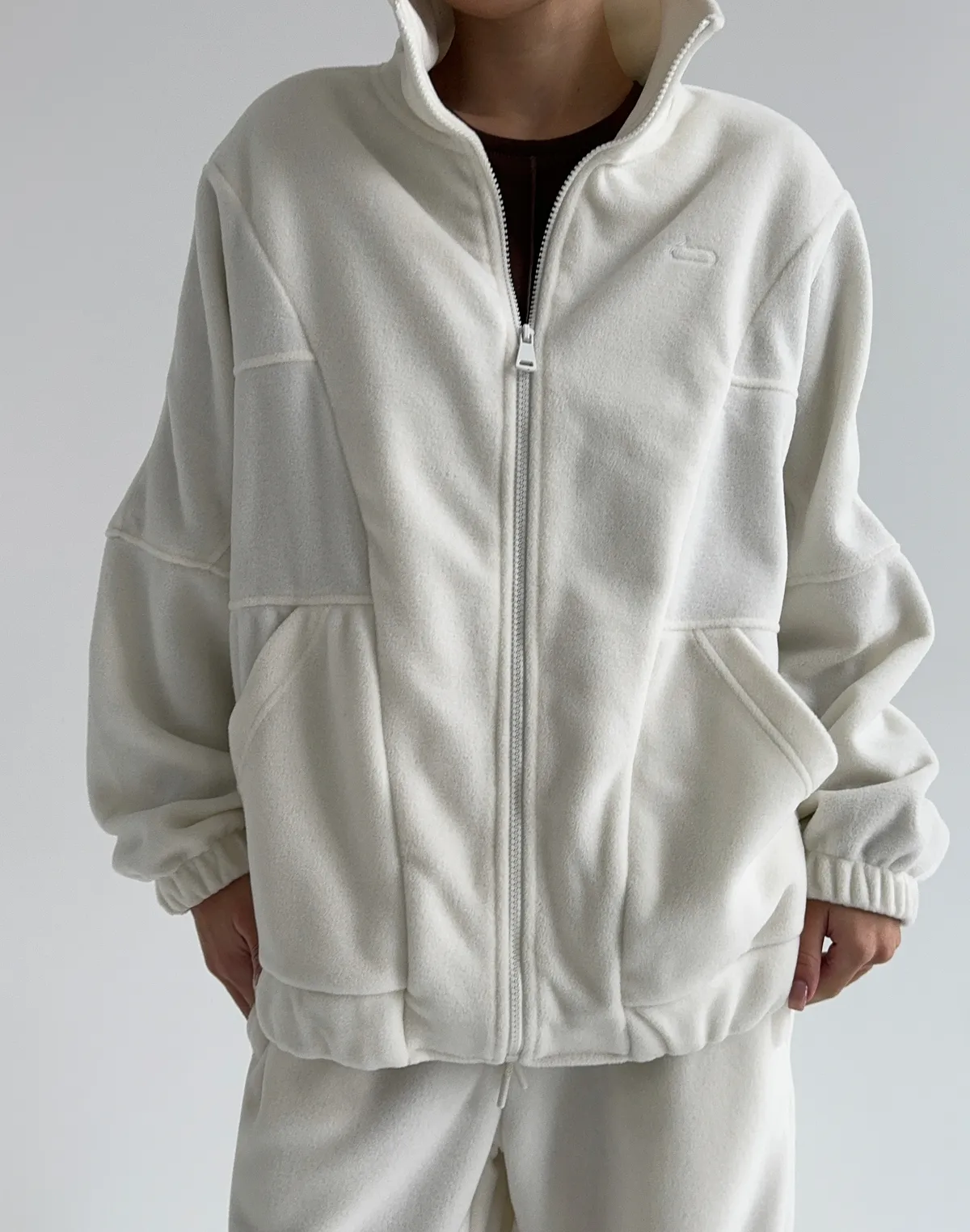 Зіпер оверсайз флісовий з декоративними швами, екрю - Фото 1