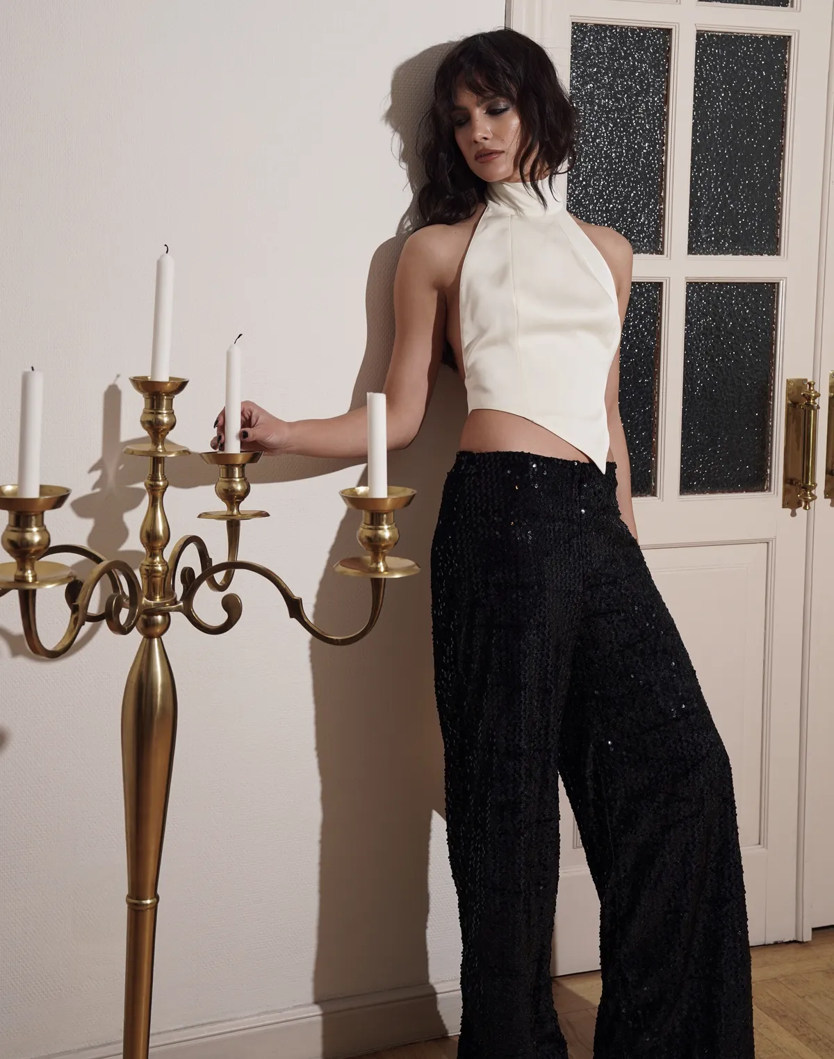 Сатиновий топ-блуза на зав'язках, молочний - Фото 6