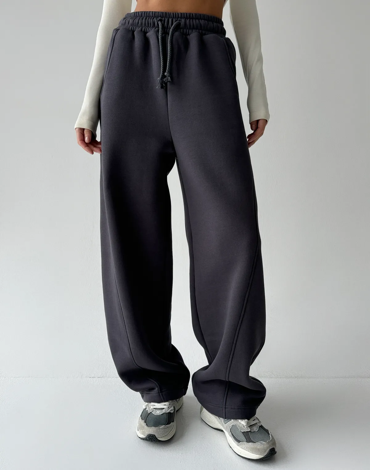 Штани з начосом вільного прямого крою, антрацит - Фото 1